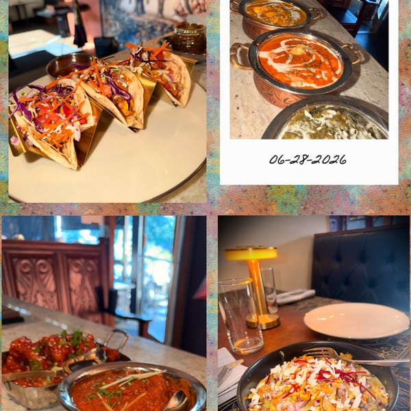 A collage of four images showing various Indian dishes and the restaurant's interior.
