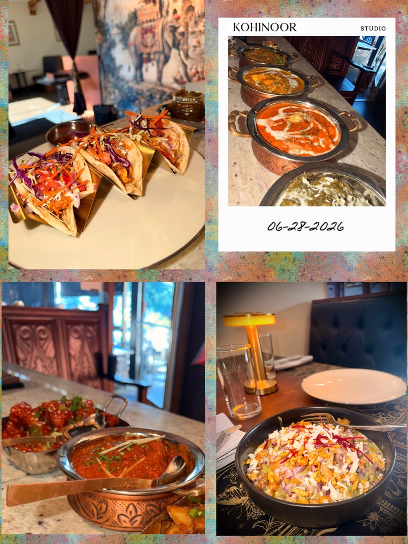 A collage of four images showing various Indian dishes and the restaurant's interior.