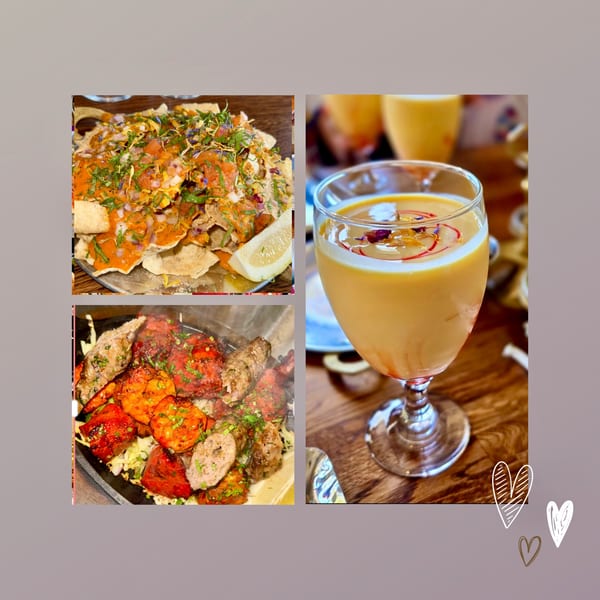 A collage of Indian dishes: nachos, grilled meats, and a mango lassi drink.