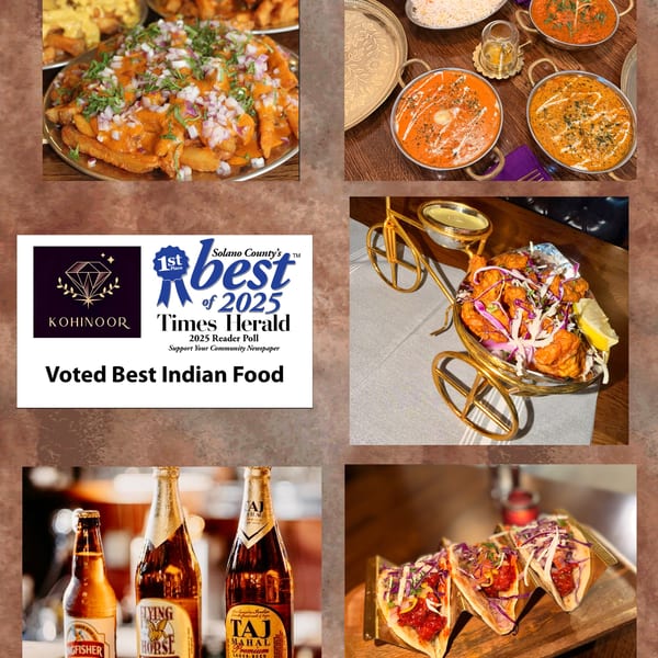 A collage of Indian dishes, including curries, fries, fried chicken, tacos, and beer bottles, with a "Best Indian Food" award.