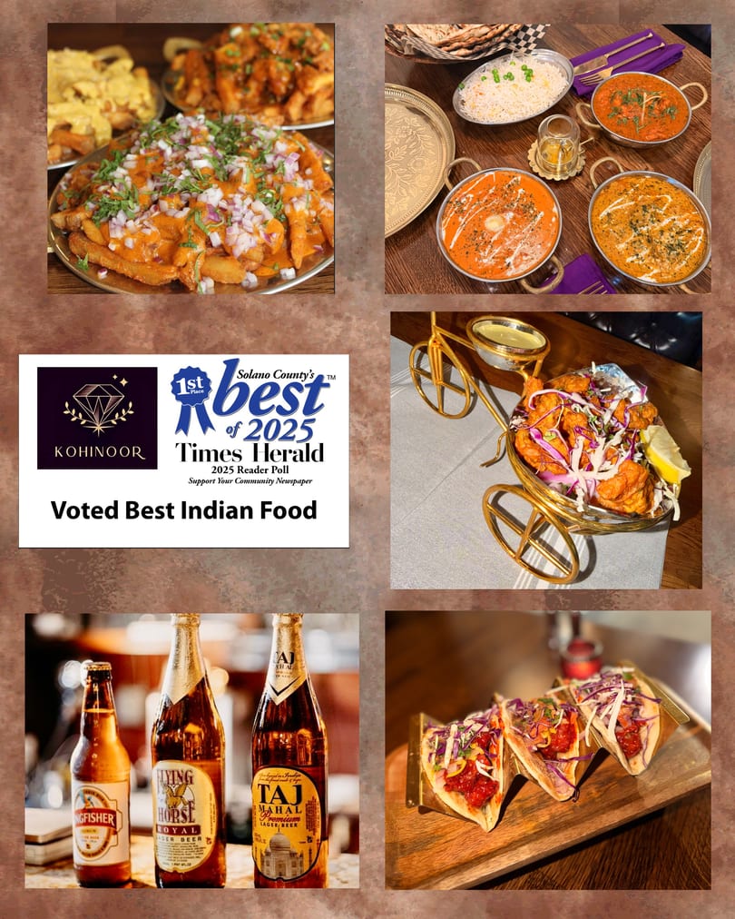 A collage of Indian dishes, including curries, fries, fried chicken, tacos, and beer bottles, with a "Best Indian Food" award.