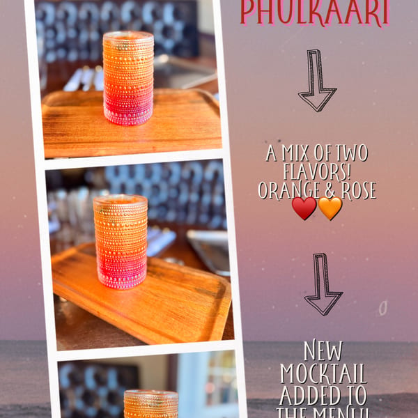 Three images of an orange and red mocktail in a textured glass on a wooden tray, with promotional text.