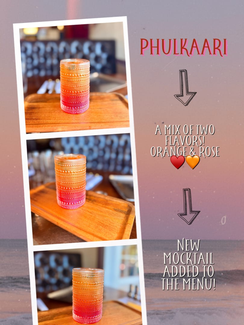 Three images of an orange and red mocktail in a textured glass on a wooden tray, with promotional text.