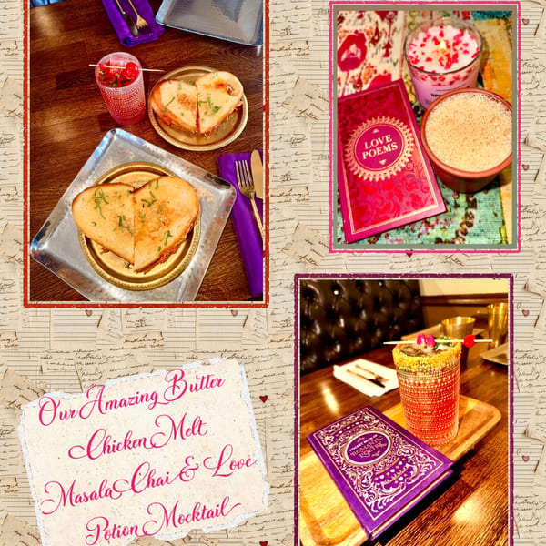 A collage of heart-shaped chicken melts, Masala Chai, and a Love Potion Mocktail.