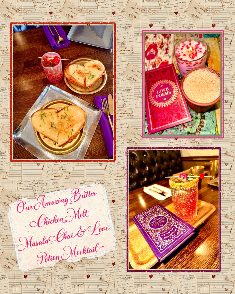A collage of heart-shaped chicken melts, Masala Chai, and a Love Potion Mocktail.